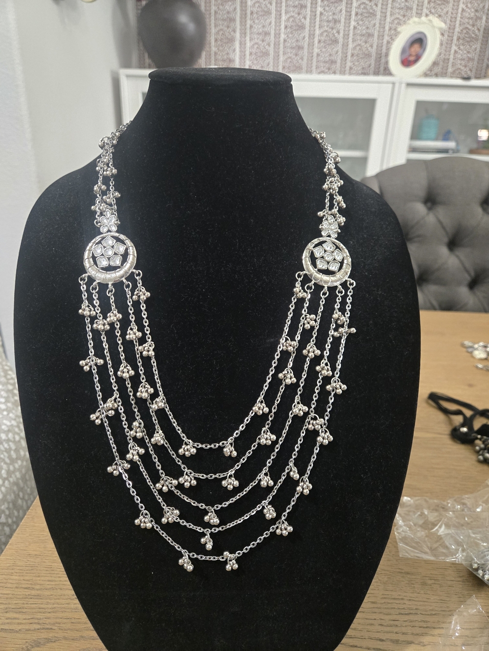 Boho Silver Tone Multi-Strand Beaded Statement Necklace
